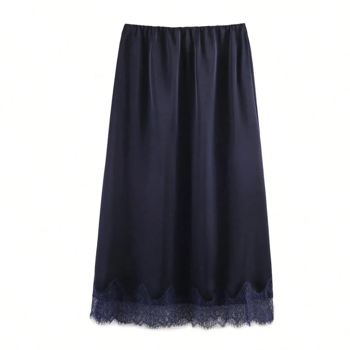 Falda midi para mujer de satén con encaje, lunares, cintura alta, corte recto, uso casual