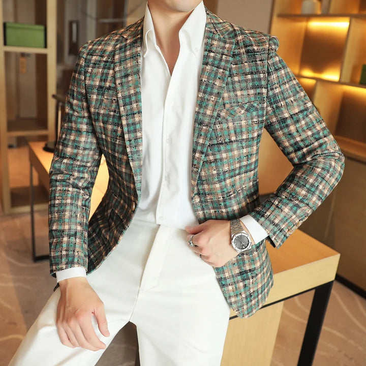 Blazer para hombre a cuadros, ajuste slim, cierre con botones, manga larga, casual de negocios