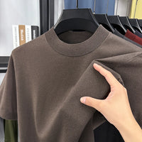 Men's T-Shirt Silk Wool Knit Slim Fit Short Sleeve Mock Neck Casual