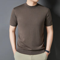 Men's T-Shirt Silk Wool Knit Slim Fit Short Sleeve Mock Neck Casual