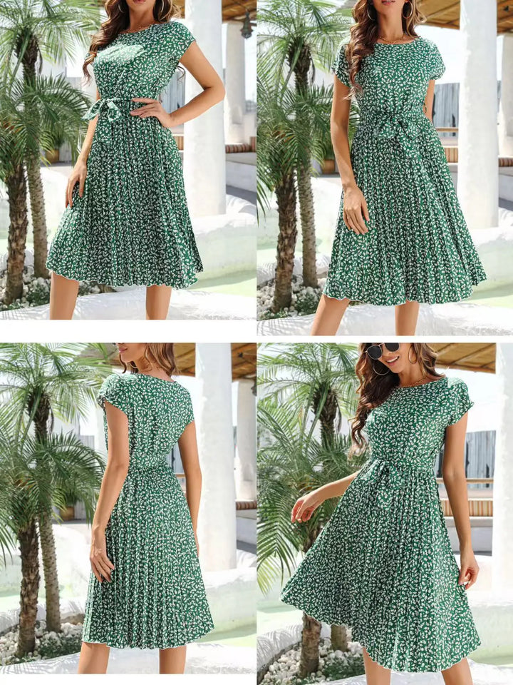Vestido midi para mujer de gasa con estampado floral, escote en V, manga corta, corte en línea A, tipo pulóver – Casual de verano