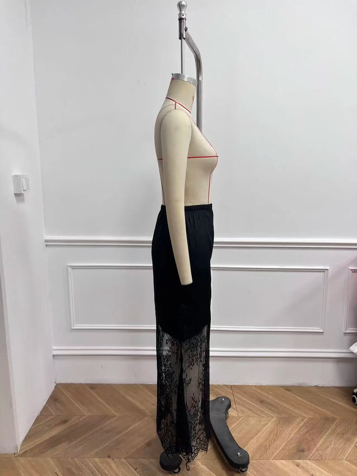 Falda larga para mujer con encaje, cintura alta, fluida, estilo bohemio para fiesta y festival