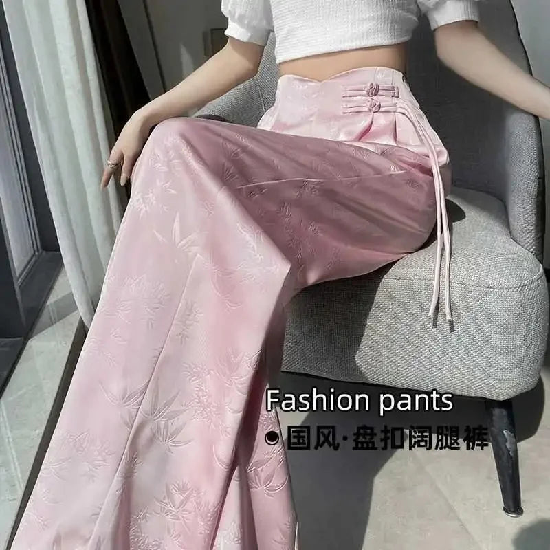 Pantalones de mujer de satén jacquard, pierna ancha, cintura alta, ajuste holgado, ligeros y casuales