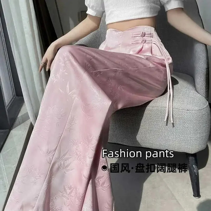 Pantalones de mujer de satén jacquard, pierna ancha, cintura alta, ajuste holgado, ligeros y casuales