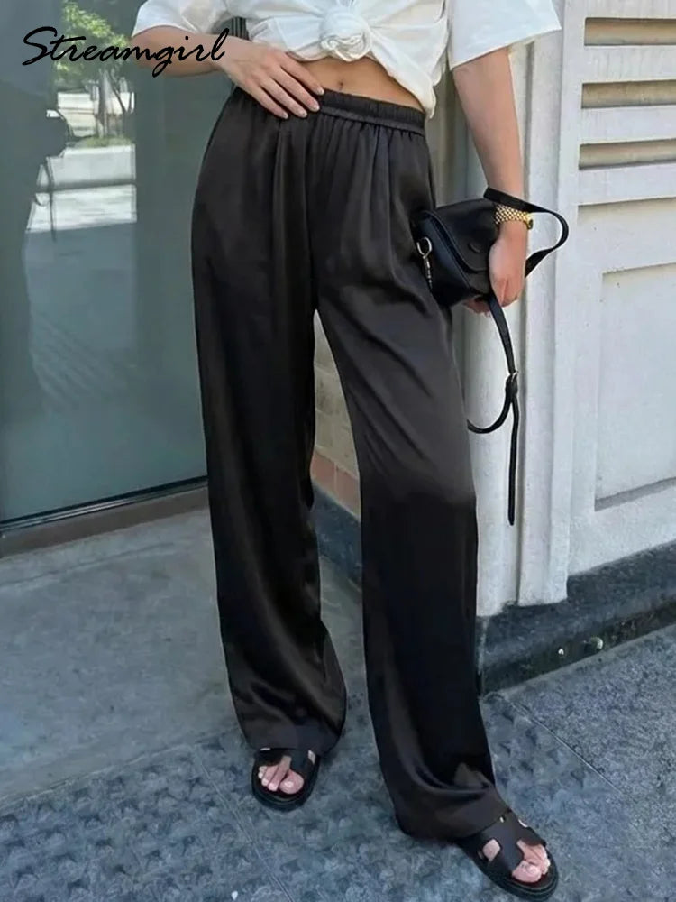 Pantalon femme en satin, jambe large, taille haute, coupe ample, poches, décontracté