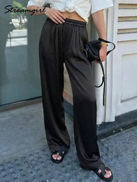 Women's Pants Satin Wide Leg High Waist Loose Fit Pockets Casual
