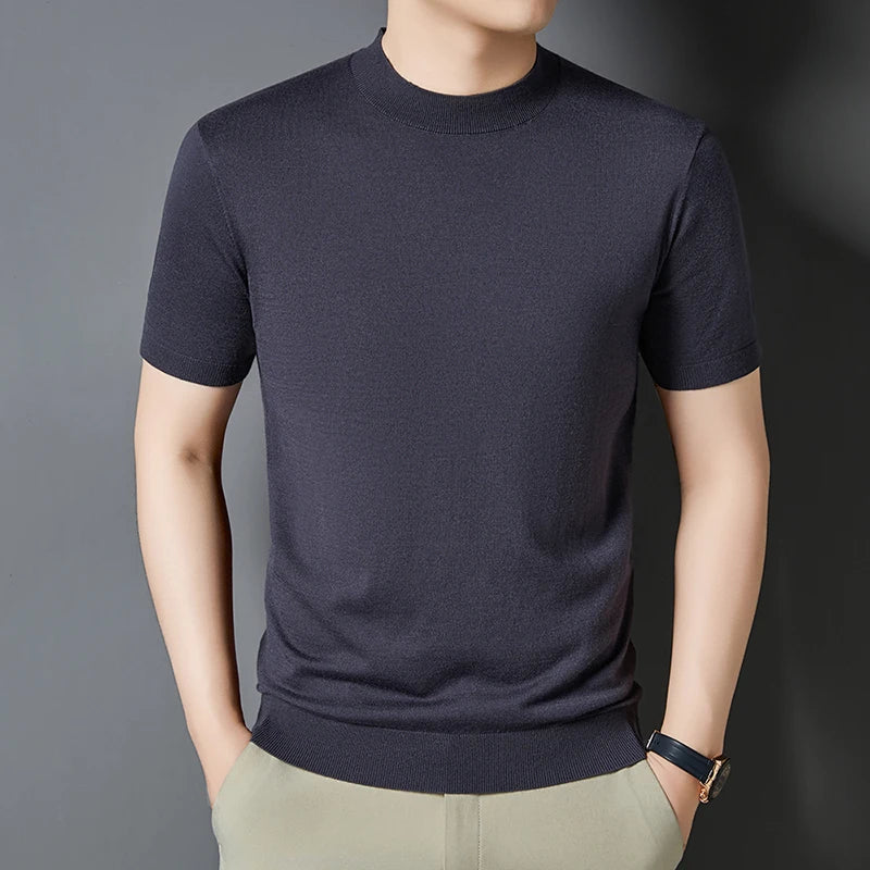 T-shirt homme en maille de soie et laine, coupe slim, manches courtes, col montant, décontracté