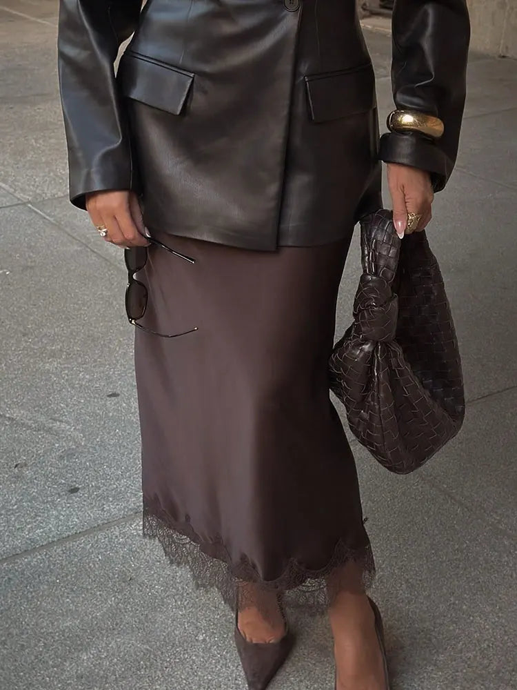 Falda midi para mujer de satén con encaje, lunares, cintura alta, corte recto, uso casual