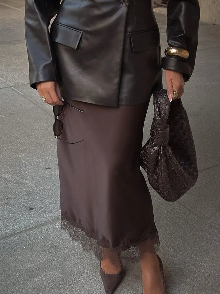Falda midi para mujer de satén con encaje, lunares, cintura alta, corte recto, uso casual