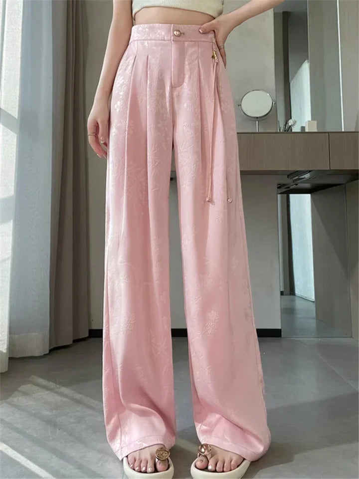 Pantalon femme en satin jacquard, jambe large, coupe ample, taille haute, décontracté bureau