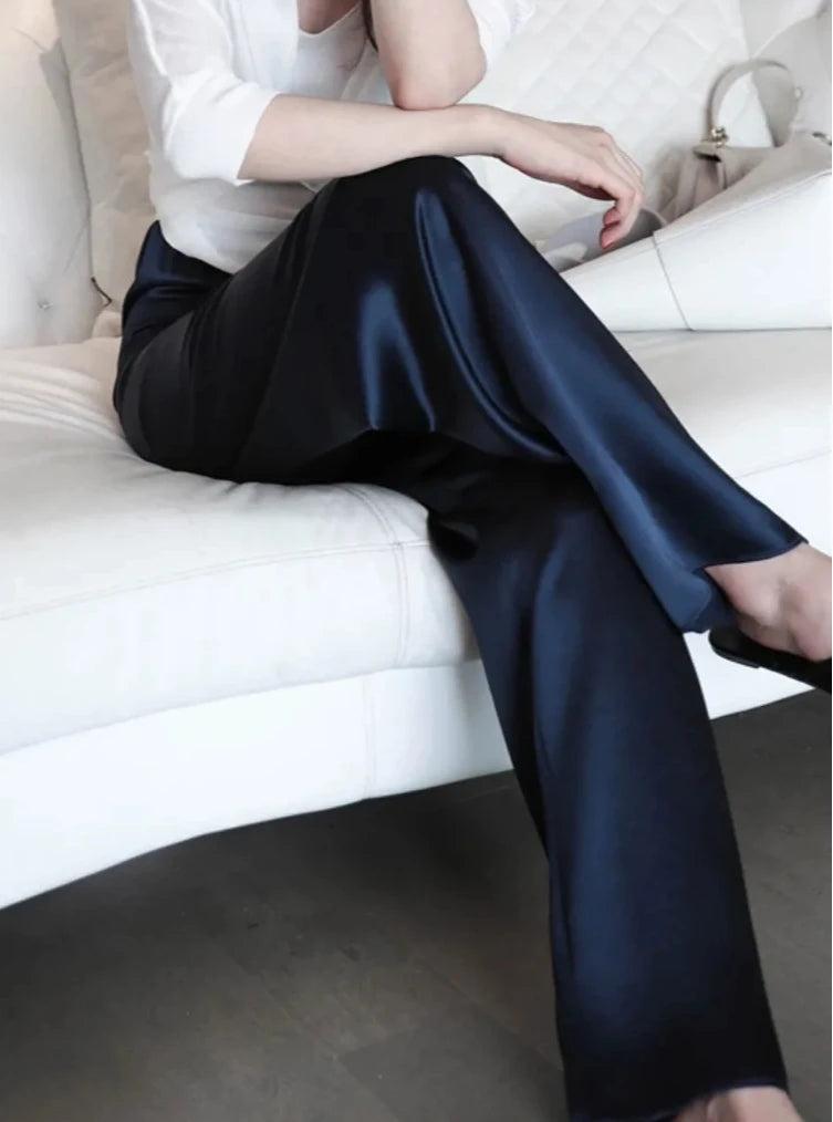 Pantalon femme en satin, jambe large, taille haute, coupe ample, longueur totale, décontracté