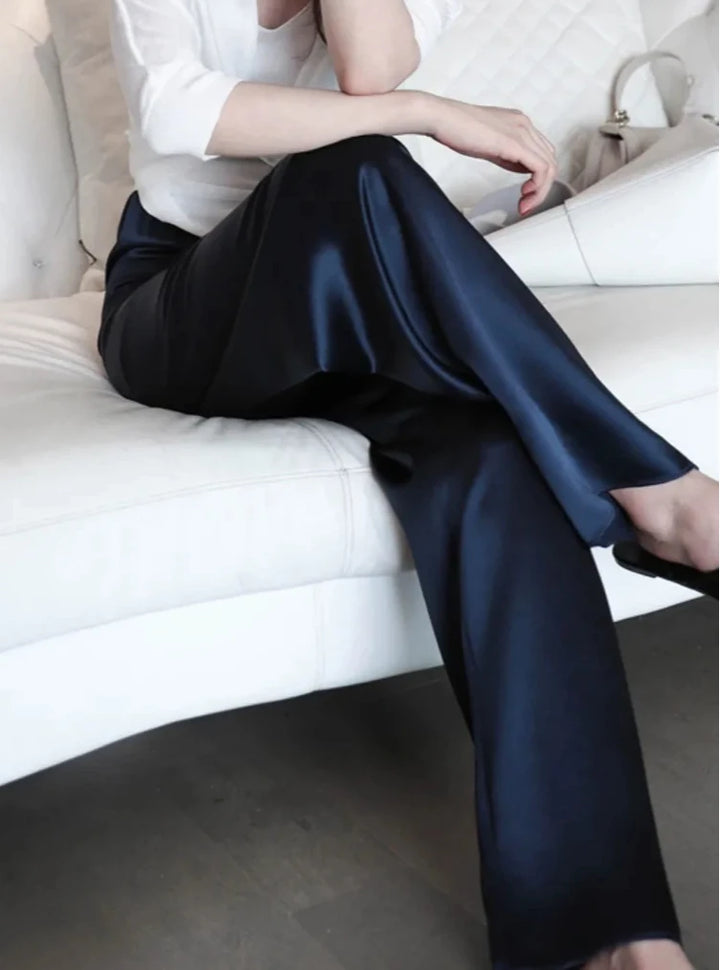 Pantalon femme en satin, jambe large, taille haute, coupe ample, longueur totale, décontracté