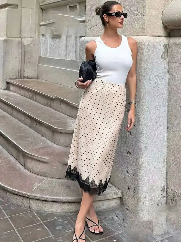 Falda midi para mujer de satén con encaje, lunares, cintura alta, corte recto, uso casual