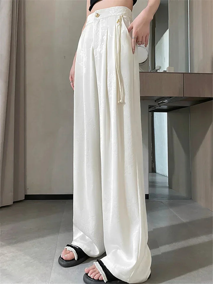 Pantalon femme en satin jacquard, jambe large, coupe ample, taille haute, décontracté bureau