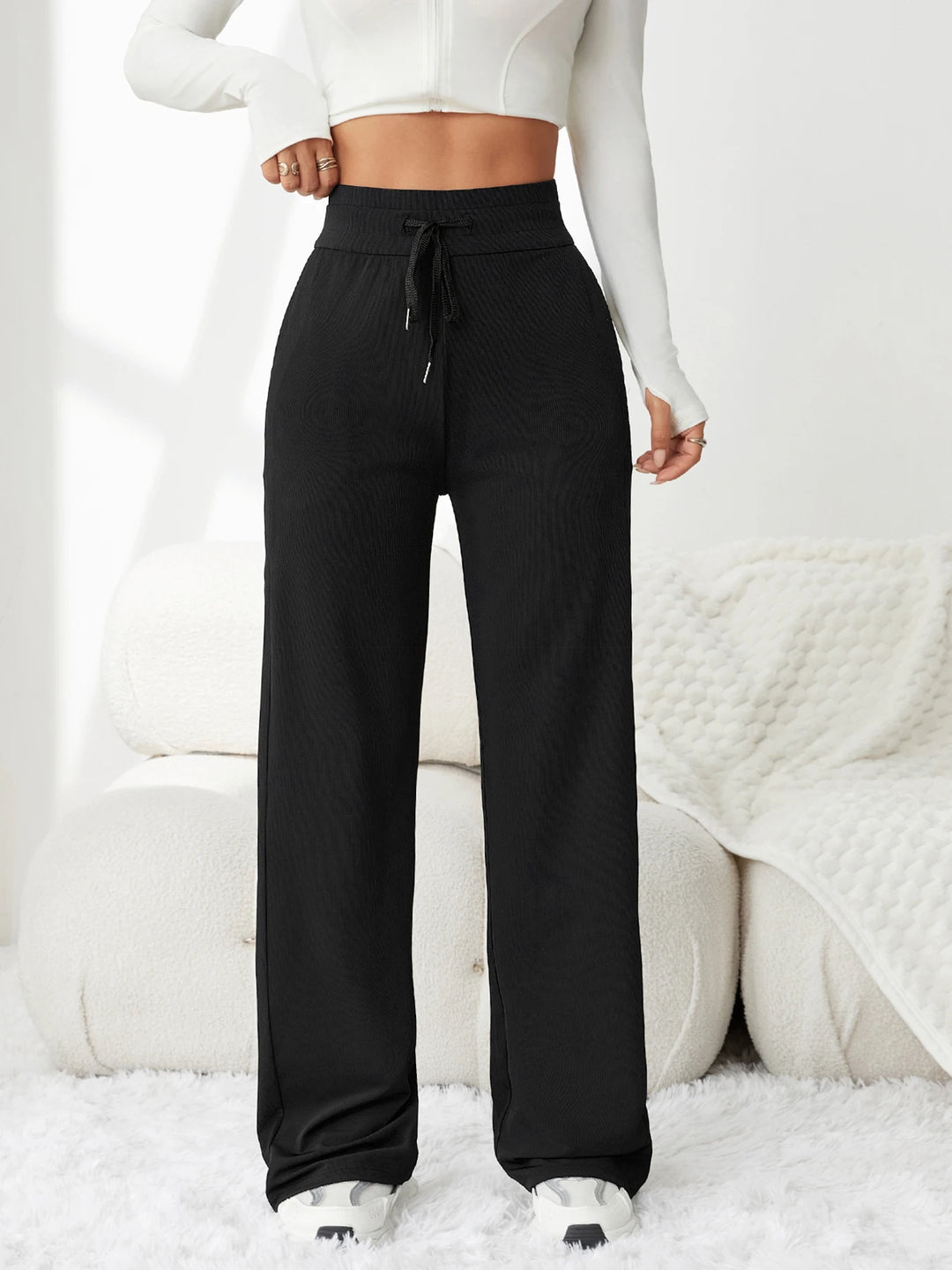 Pantalon femme en soie glacée, jambe large, taille haute, coupe ample, décontracté, été