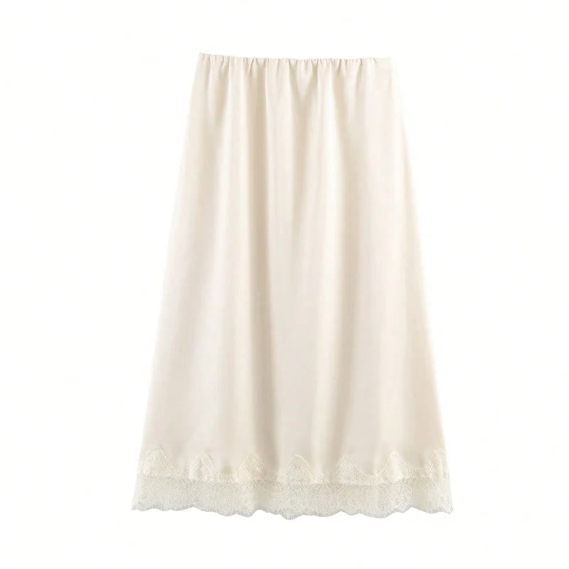 Falda midi para mujer de satén con encaje, lunares, cintura alta, corte recto, uso casual