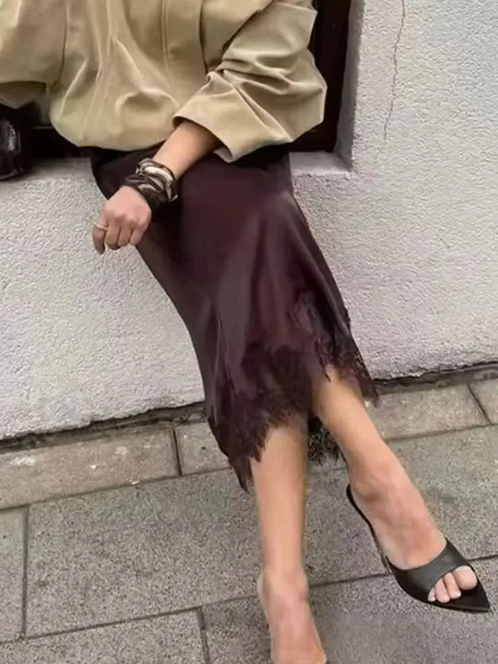 Falda midi para mujer de satén con encaje, lunares, cintura alta, corte recto, uso casual