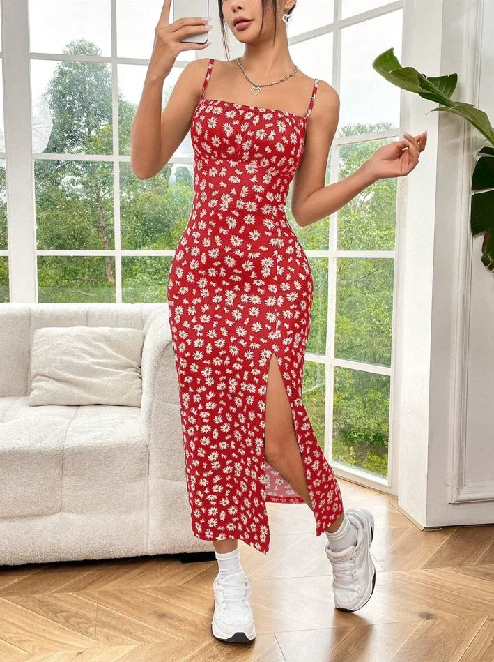 Vestido largo de mujer con estampado de leopardo, sin tirantes, cruzado, con abertura alta y ajuste ceñido