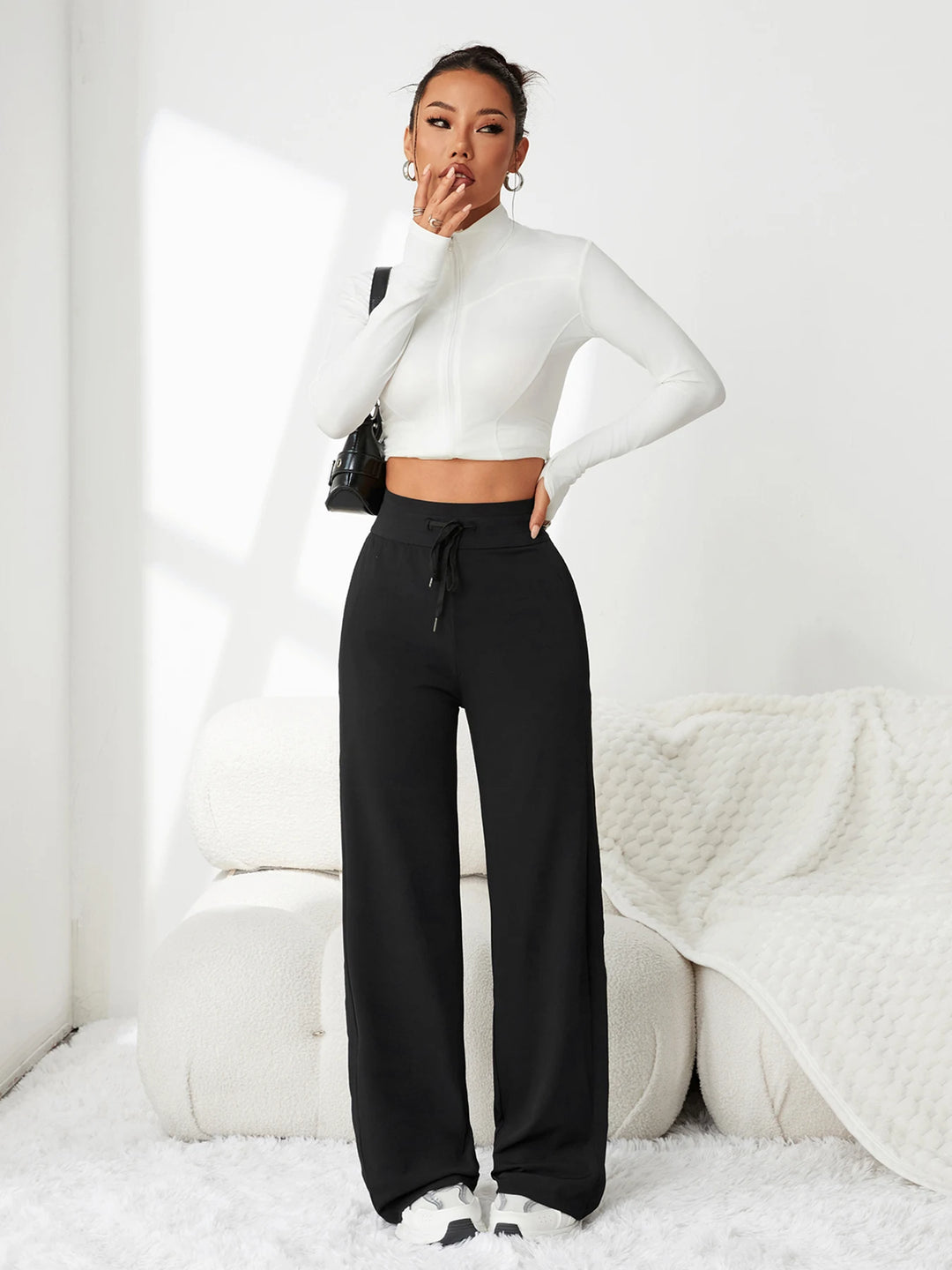Pantalon femme en soie glacée, jambe large, taille haute, coupe ample, décontracté, été