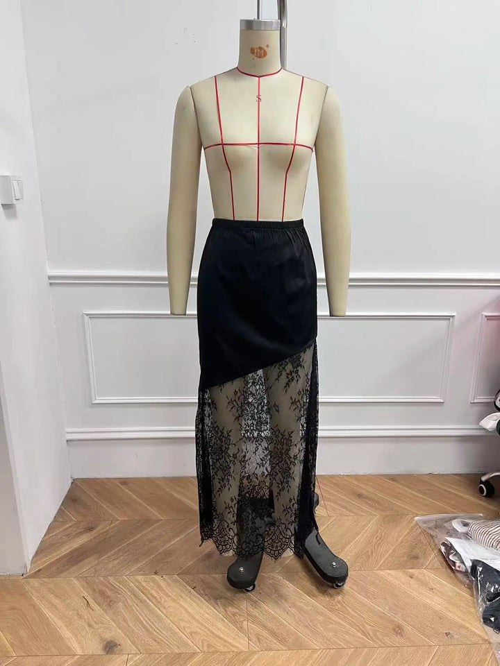 Falda larga para mujer con encaje, cintura alta, fluida, estilo bohemio para fiesta y festival