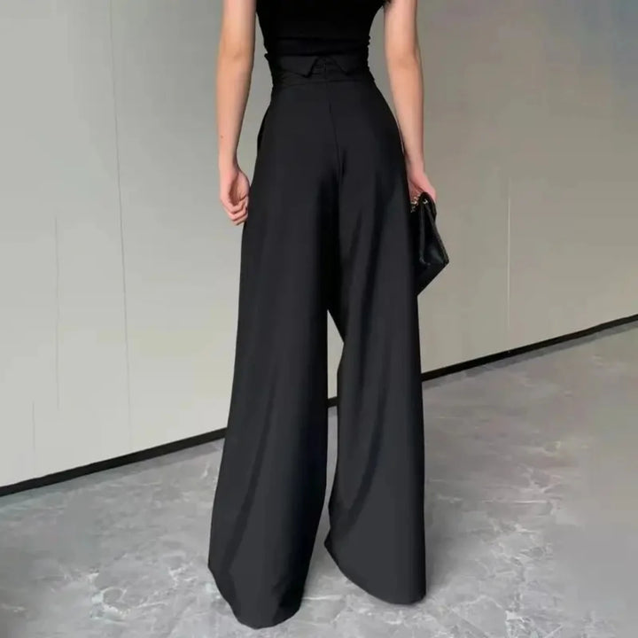 Pantalon femme jambe large taille haute coupe droite décontracté bureau