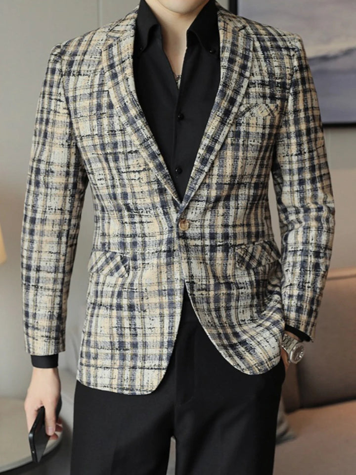Blazer para hombre a cuadros, ajuste slim, cierre con botones, manga larga, casual de negocios