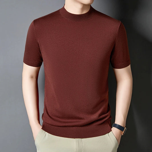 Men's T-Shirt Silk Wool Knit Slim Fit Short Sleeve Mock Neck Casual