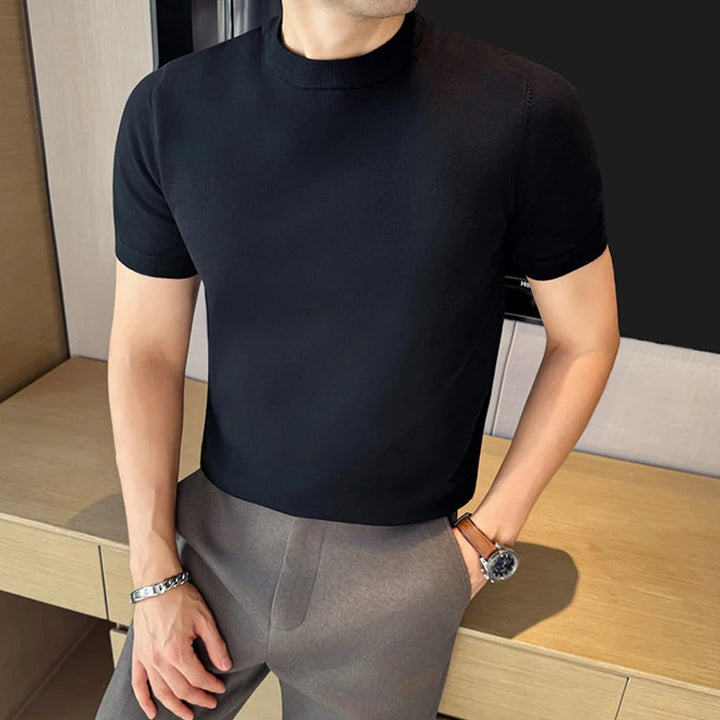 Camiseta de hombre de punto lisa, ajuste slim, manga corta, cuello redondo, casual