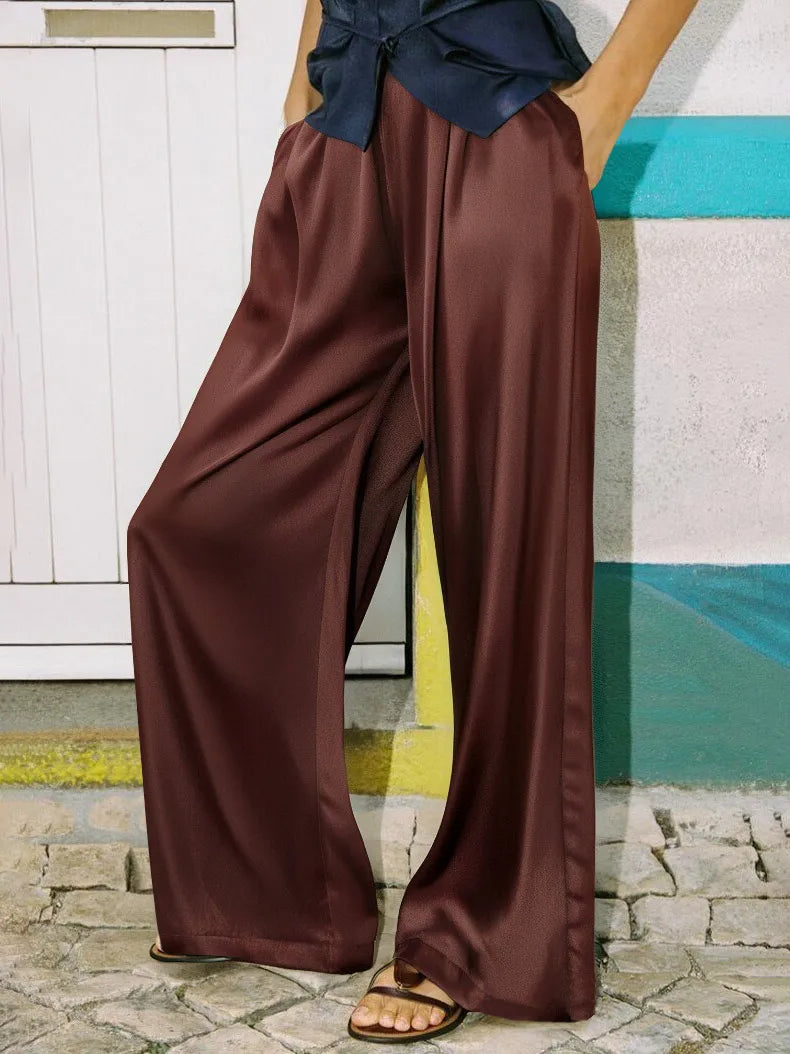 Pantalon femme en satin, jambe large, taille haute, coupe ample, poches, décontracté