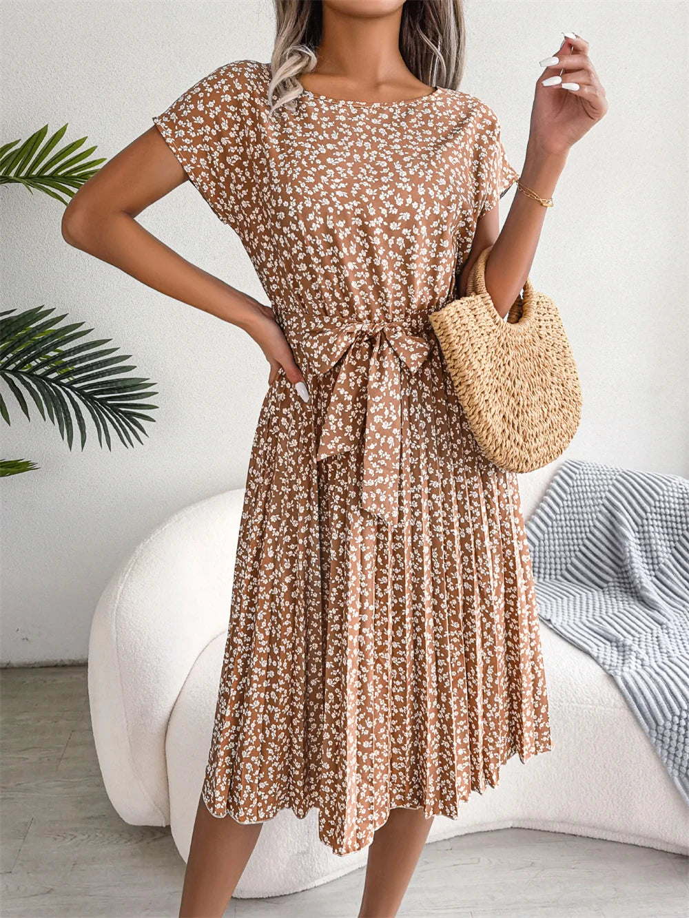 Vestido maxi para mujer de gasa con flores, plisado, manga corta, cintura alta, corte en A – Casual de verano