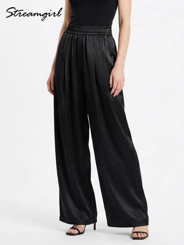 Pantalon femme en satin, jambe large, taille haute, coupe ample, poches, décontracté