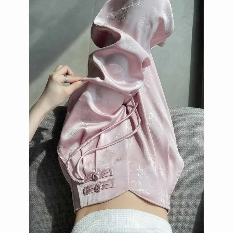 Pantalones de mujer de satén jacquard, pierna ancha, cintura alta, ajuste holgado, ligeros y casuales