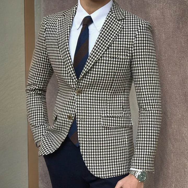 Blazer para hombre de cuadros pata de gallo, ajuste slim, cierre con botones, formal y casual