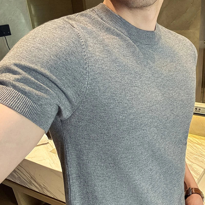 Camiseta de hombre de punto lisa, ajuste slim, manga corta, cuello redondo, casual