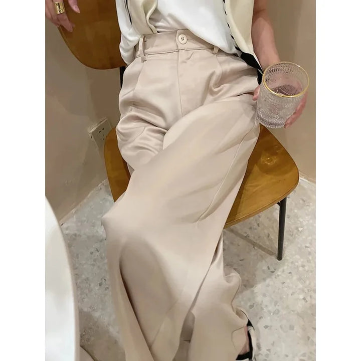 Pantalon femme en satin, jambe large, taille haute, coupe ample, longueur totale, décontracté
