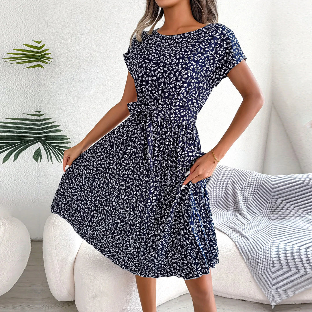Vestido maxi para mujer de gasa con flores, plisado, manga corta, cintura alta, corte en A – Casual de verano