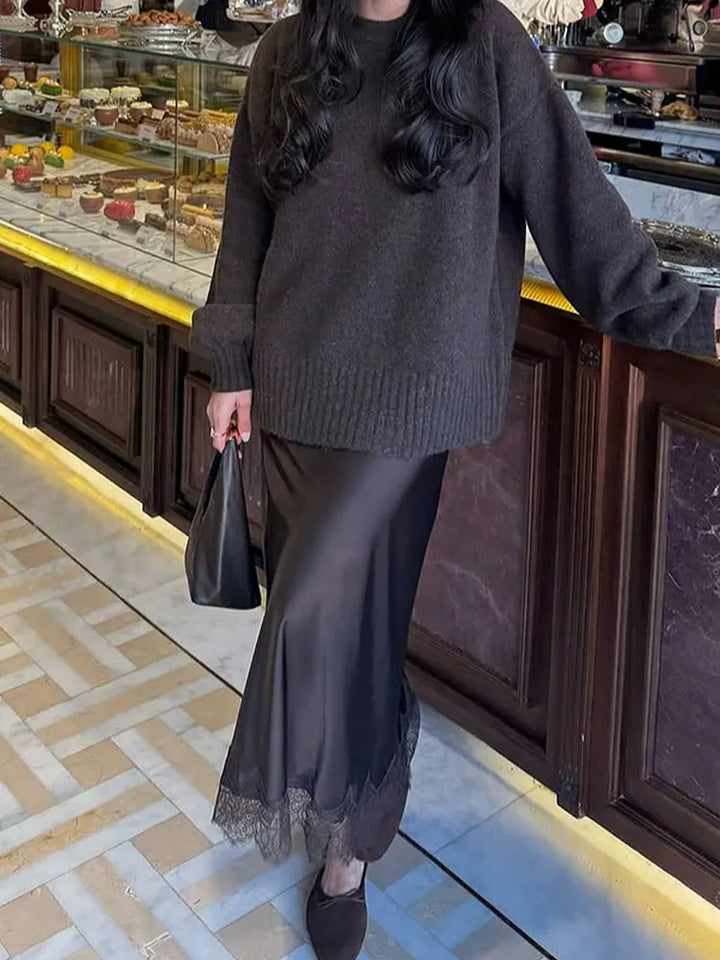 Falda midi para mujer de satén con encaje, lunares, cintura alta, corte recto, uso casual