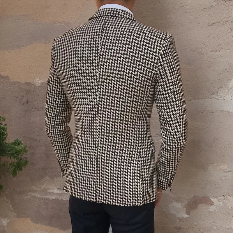 Blazer para hombre de cuadros pata de gallo, ajuste slim, cierre con botones, formal y casual