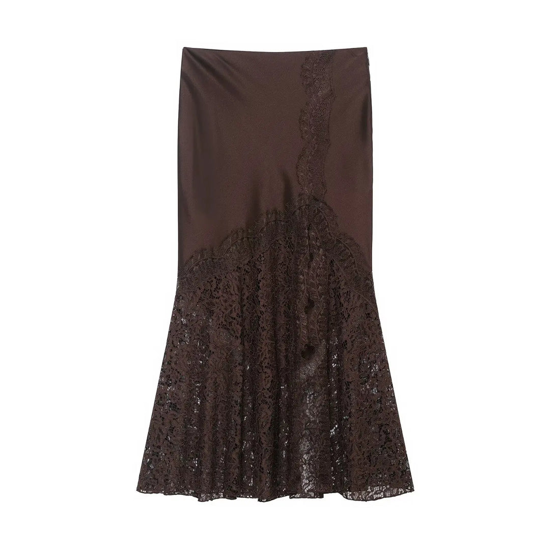 Falda midi para mujer de satén con encaje, cintura alta, corte en A, abertura lateral, ropa casual de verano