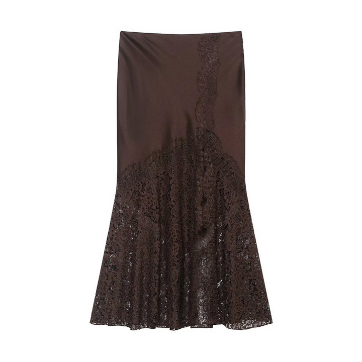 Falda midi para mujer de satén con encaje, cintura alta, corte en A, abertura lateral, ropa casual de verano