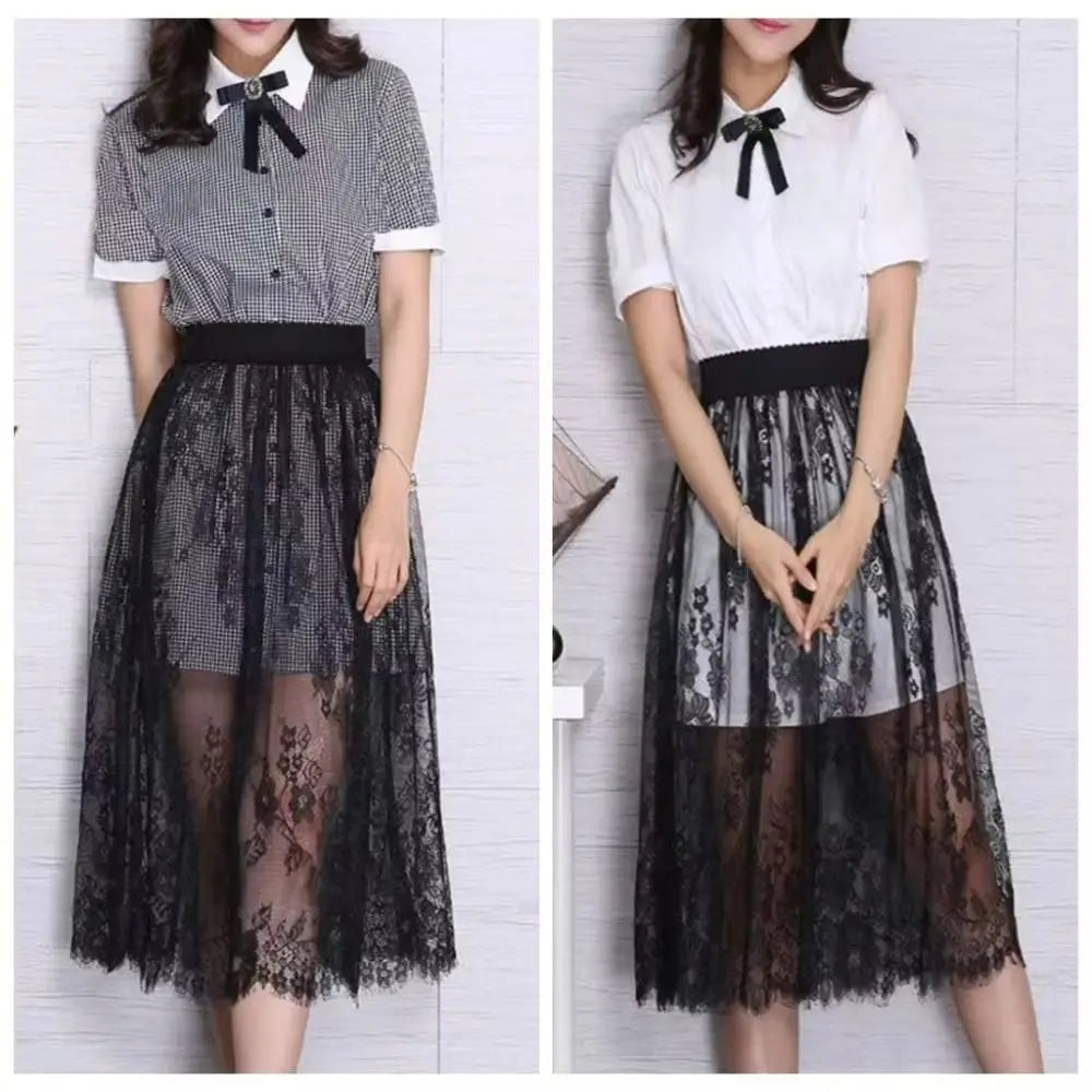 Falda midi para mujer de encaje de malla de seda helada, cintura alta elástica, floral, línea A, ropa casual
