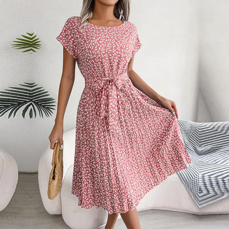 Vestido maxi para mujer de gasa con flores, plisado, manga corta, cintura alta, corte en A – Casual de verano