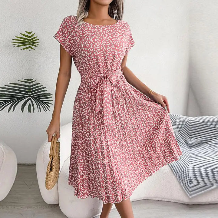 Vestido maxi para mujer de gasa con flores, plisado, manga corta, cintura alta, corte en A – Casual de verano