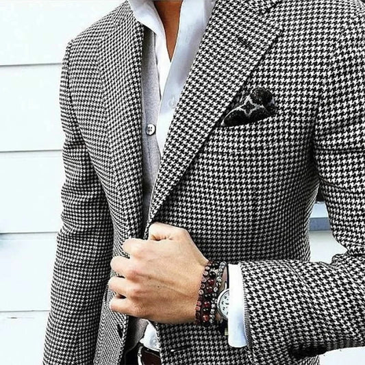 Men's Blazer Houndstooth Check Notch Lapel Button Closure Formal Casual