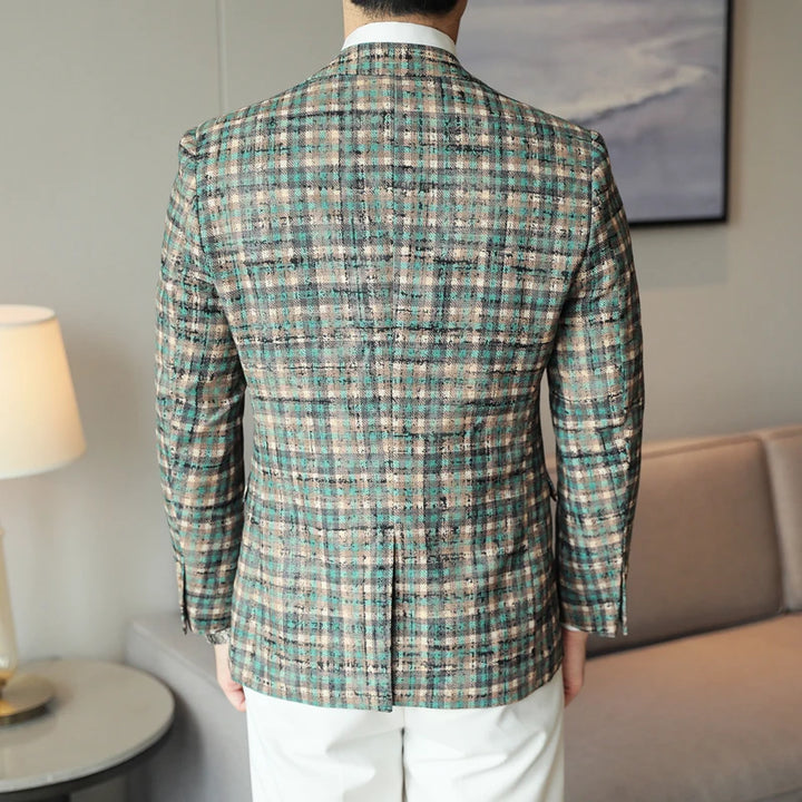Blazer para hombre a cuadros, ajuste slim, cierre con botones, manga larga, casual de negocios
