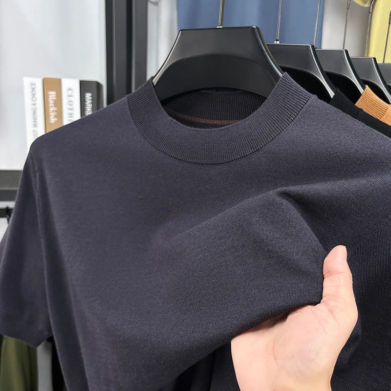 Men's T-Shirt Silk Wool Knit Slim Fit Short Sleeve Mock Neck Casual
