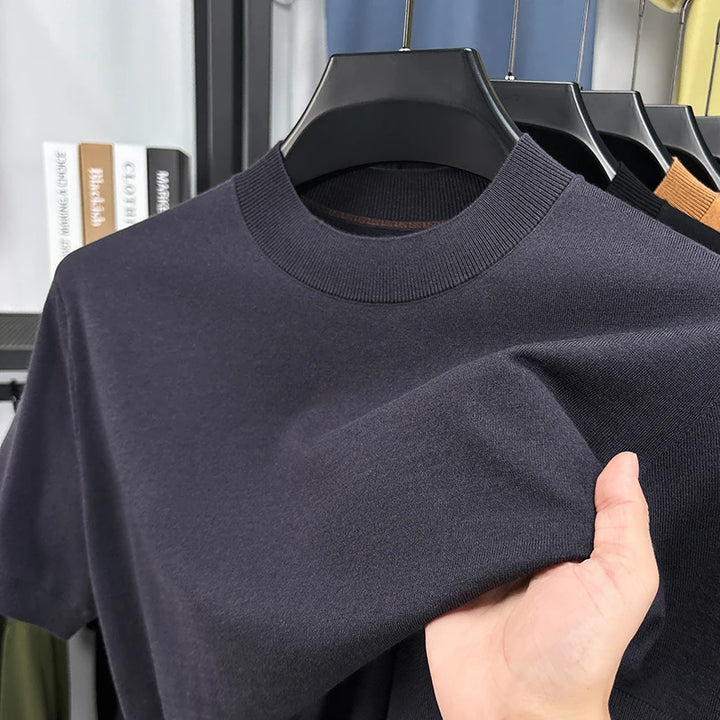 Camiseta para hombre de punto de seda y lana, ajuste slim, manga corta, cuello alto simulado, casual