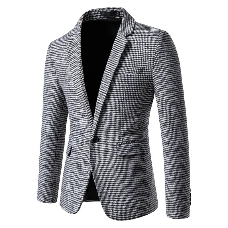 Blazer homme à motif pied-de-poule coupe slim, fermeture à boutons, manches longues, style business décontracté