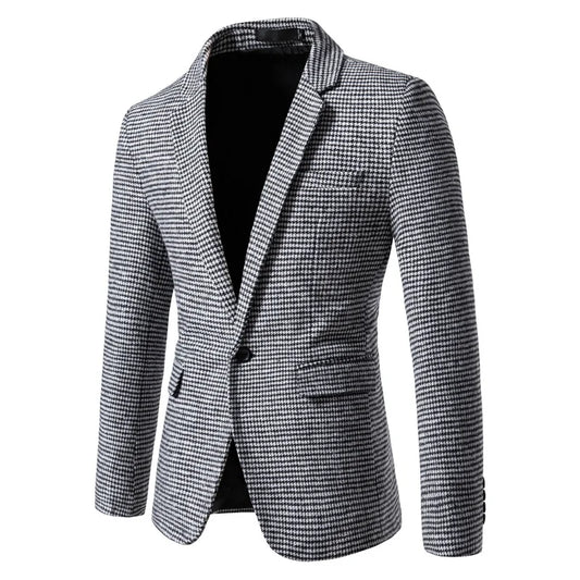 Men's Blazer Houndstooth Slim Fit Button Closure Long Sleeve Business Casual