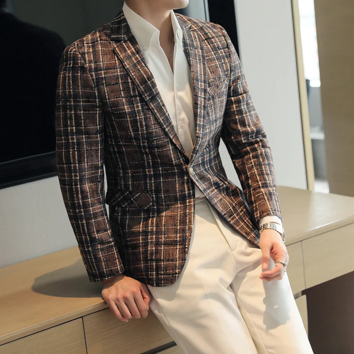 Blazer para hombre a cuadros, ajuste slim, cierre con botones, manga larga, casual de negocios